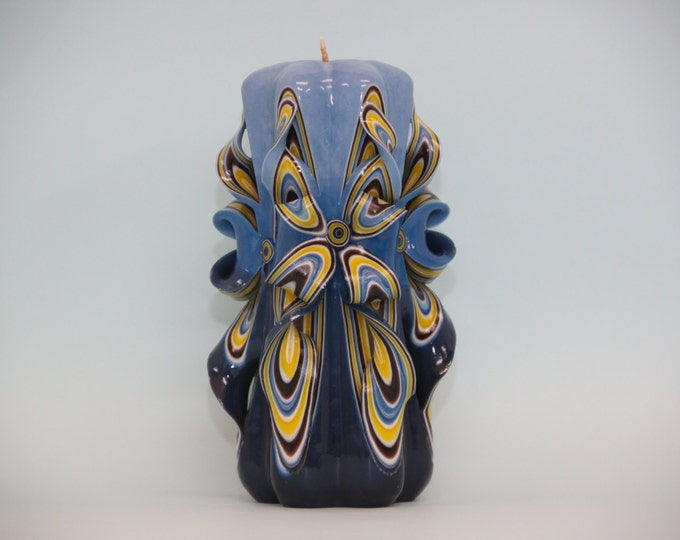 Big Blue candle ,Gift ideas, Gift for men, Mens gifts, Gift basket, Carved candle, Unity candle, Vanity lighting, Decorative candles, OOAK