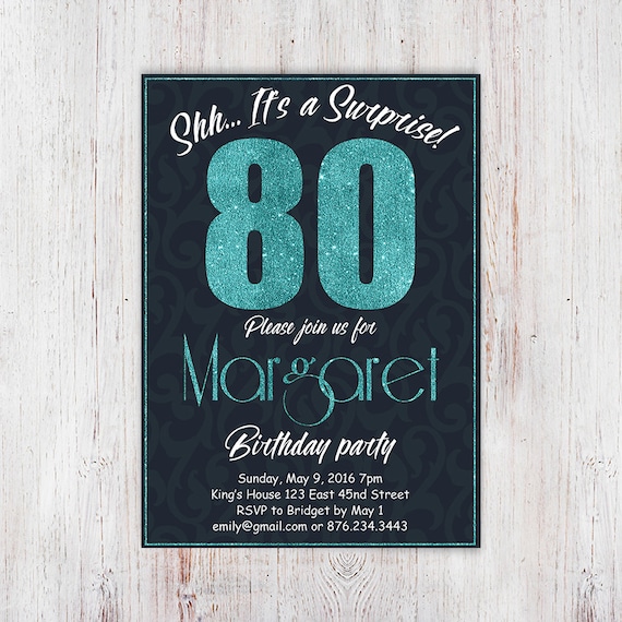 80th birthday invitation. Blue Glitter by InvitationsDigital