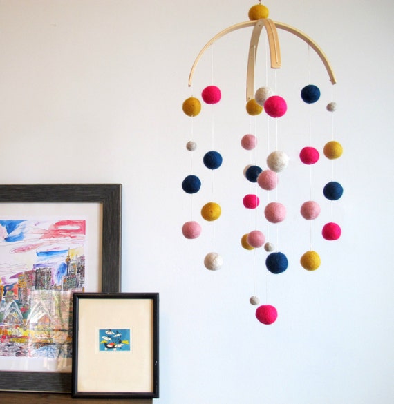 Felt Ball Baby Mobile 2 Pinks Blue and Yellow