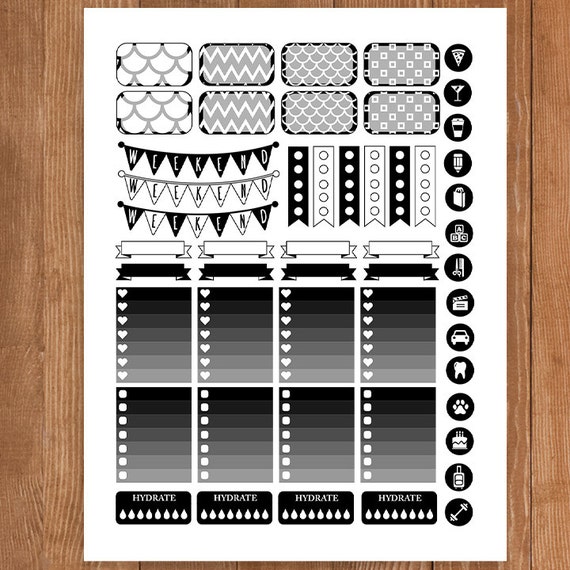 Black and White Planner Stickers PrintableWeekly KitStickers