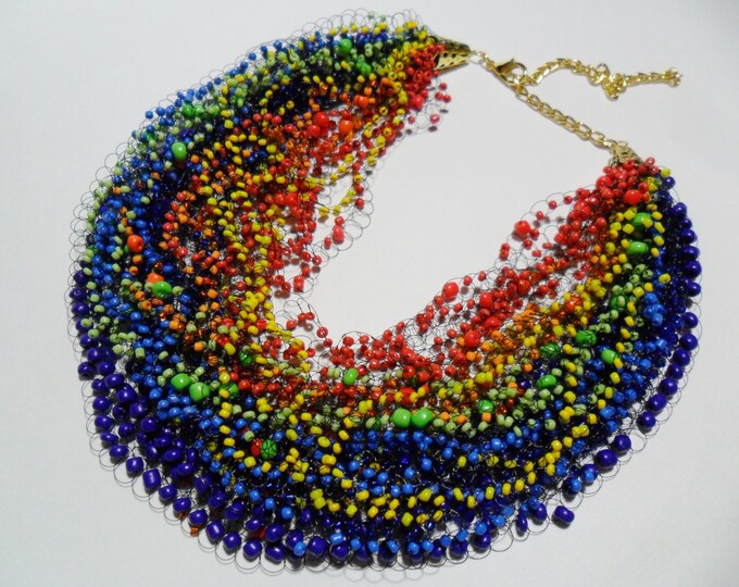 Rainbow multicolor necklace crochet airy colorful seed bead casual everyday bride cobweb gift for her unusual gift idea statement gay symbol