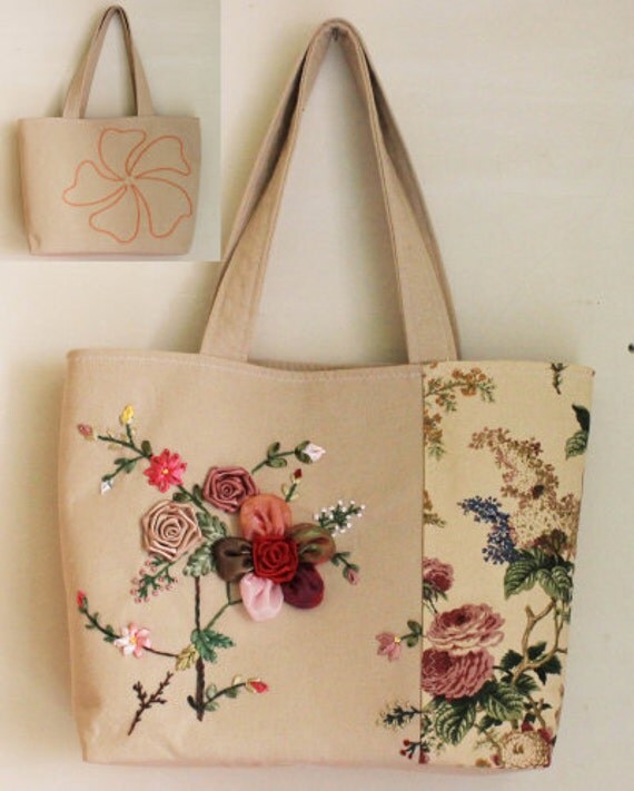 40cm Completed Handmade Shopping Bag Silk Ribbon Embroidery