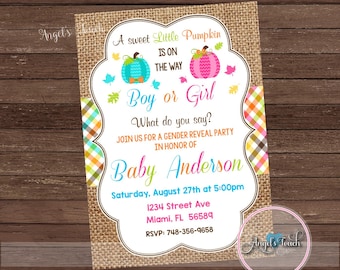 Pumpkin Gender Reveal Invitation. Pumpkin Gender Reveal Party Invitation, Pumpkins Gender Reveal Invitation, Digital File