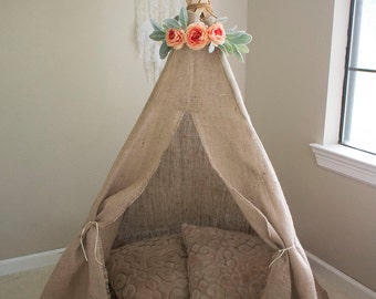 Kids Teepee - Burlap - Rustic - Shabby Chic - Bohemian - Boho Baby Shower Decor - Canvas Coral Neutral - Children's Photography Prop