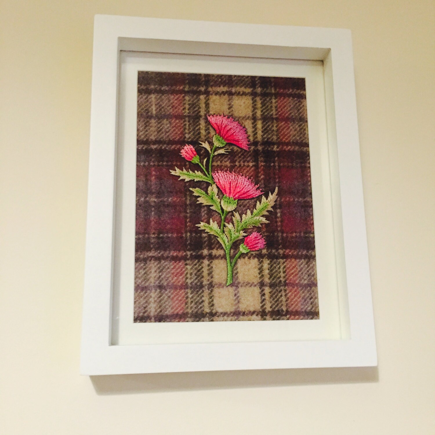 Scottish tartan wool frame with embroidered thistle