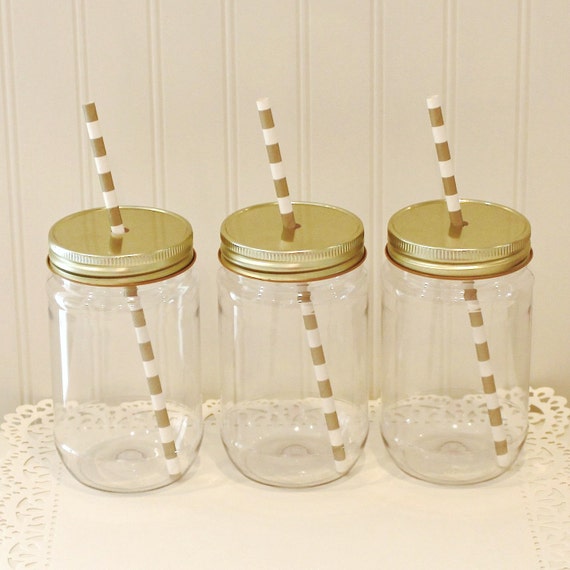 Plastic Mason Jars 10 Plastic Mason Jar Cups with lids Metal