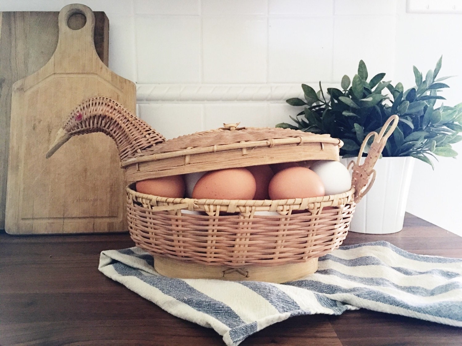 Vintage Woven Wicker Chicken // Hen Basket with by
