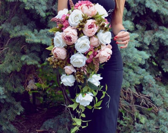 Cascading Wedding Bouquet, Peony Bridal Bouquet, Silk Flowers, Wedding Flowers, Pink Bouquet, Realistic Alternative Bouquet