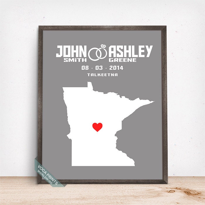  Minnesota  Map Print Wedding  Print Anniversary  Gift Custom