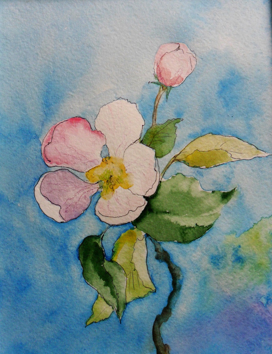 Apple blossom Original painting watercolor by MirabilitasPainting