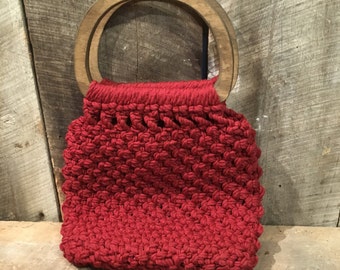 Vintage crochet purse,macrame purse, wood handle , purse