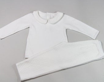 Baby Girl Pima Cotton Peter Pan Collar Top and Pant White Set - 9M