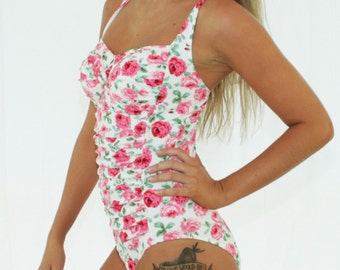 Swimalicious GEORGIA Vintage Cream Floral Ruched Ladies Swimsuit - UK Sizes 14 16 = AU Size: 12 14