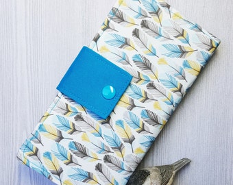 Womens wallet with blue feathers, womans clutch wallet, credit card wallet, handmade bifold wallet, checkbook wallet, slim fabric wallet