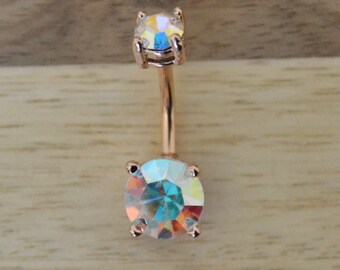 Aurora Borealis Round Shape Double Prong Set Gem Rose Gold Plated Belly Button Ring Navel Body Piercing Jewelry
