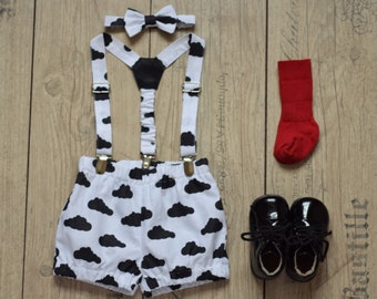 1st birthday outfit Cake smash outfit Baby boy outfit Baby bloomers Boy suspender and bow tie set Baby diaper cover Black and white Cloud