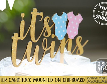 it's twins cake topper,baby shower cake topper, Gold Glitter party decorations, cursive topper