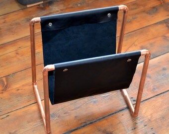 Leather magazine holder, Copper magazine stand, Copper gift for him, Under 100, Wedding gift, Copper stand, Newspaper holder, Modern decor
