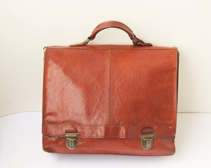 Vintage leather attache briefcase, chestnut leather messenger workbag, student college schoolbag, Chestnut collection laptop notebook bag