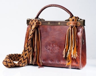 Tribal Leather Satchel - Colombian Genuine Leather Satchel- Wayuu Handwoven Strap