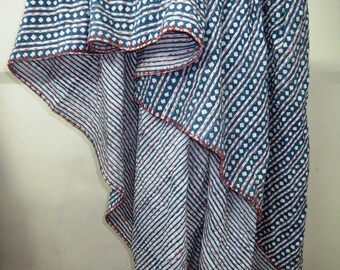 Cotton Kantha Quilt Reversible Sari Throw Blanket Bed Cover Blue Diamond Kantha Throw Twin Size Blanket