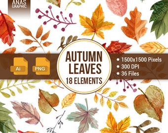 Digital Fall Leaf Clipart Vector - Watercolor Autumn Leaves Illustration - Hand Drawn Leaf Clip Art - Thanksgiving - October
