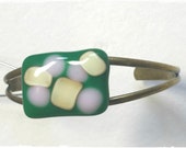 Fused glass bracelet - bangle cuff bracelet - dichroic fused glass - pink - green - fused glass bangle - antique brass plated cuff bracelet