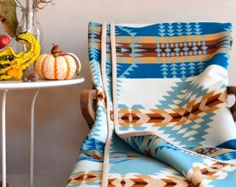 Wool Blanket Native American Design in Aqua Blue White & Brown
