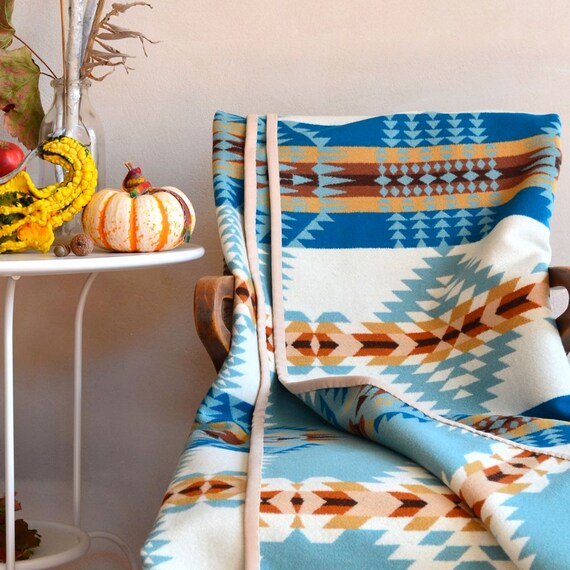 Wool Blanket Native American Design in Aqua Blue White & Brown