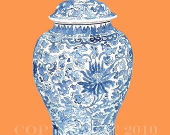 BLUE & WHITE GINGER Jar on Tangerine Print