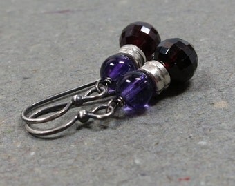 Red Garnet Earrings Amethyst January, February Birthstone Oxidized Sterling Silver Earrings Gift for Her