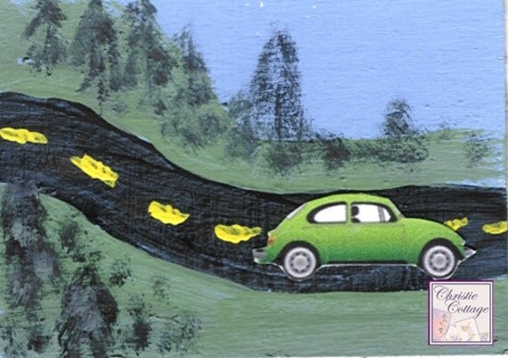 VW Bug, ACEO, Mixed Media Original Art, Green Slug Bug, Volkswagen