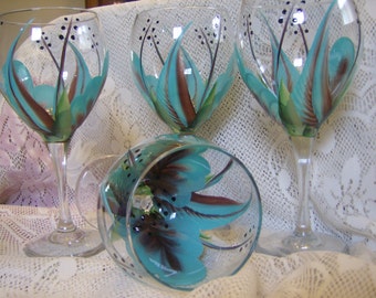 Wine glasses/goblet Turquoise and brown Hand painted
