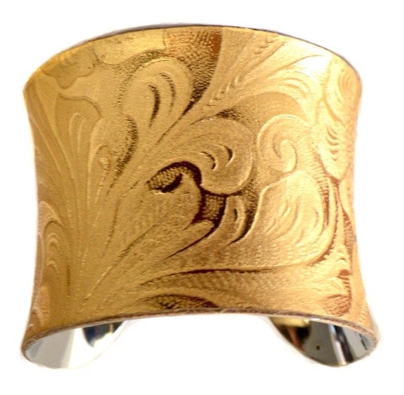 Metallic Gold Embossed Floral Cuff Bracelet by UNEARTHED