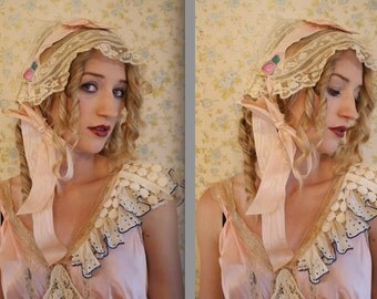 UNUSUAL Mary Pickford Used to Eat Roses Rare Rosette and Lace full Bonnet Night Cap Bonnet Hat cloche