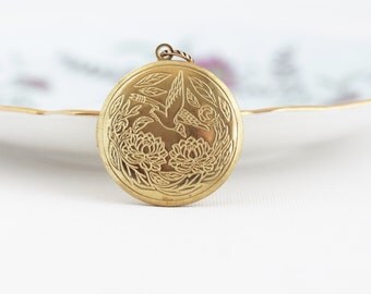 Gift For Her - Bird Locket Necklace - Gold Locket Picture - Long Locket Necklace - Wedding Locket Gold - Photo Locket - Long Necklace