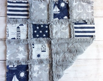 Nautical Minky Lovey - Nautical Mini Quilt - Anchor Lovey - Sailboat Lovey - Baby Boy Gift - Nautical Baby Gift