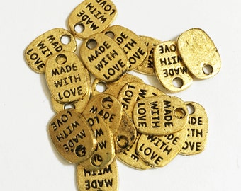 60 pcs of Antique Gold 'made with love' charm 11x8mm, gold massage charm, Bulk gold massage tags
