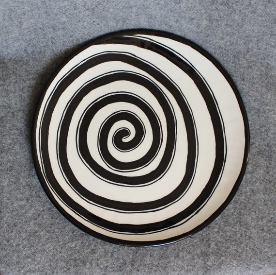 Black and White Dinner plate Hypnotic swirl design funky