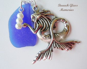 Mermaid Sea Glass Necklace Blue Beach Glass Necklace Seaglass Jewelry