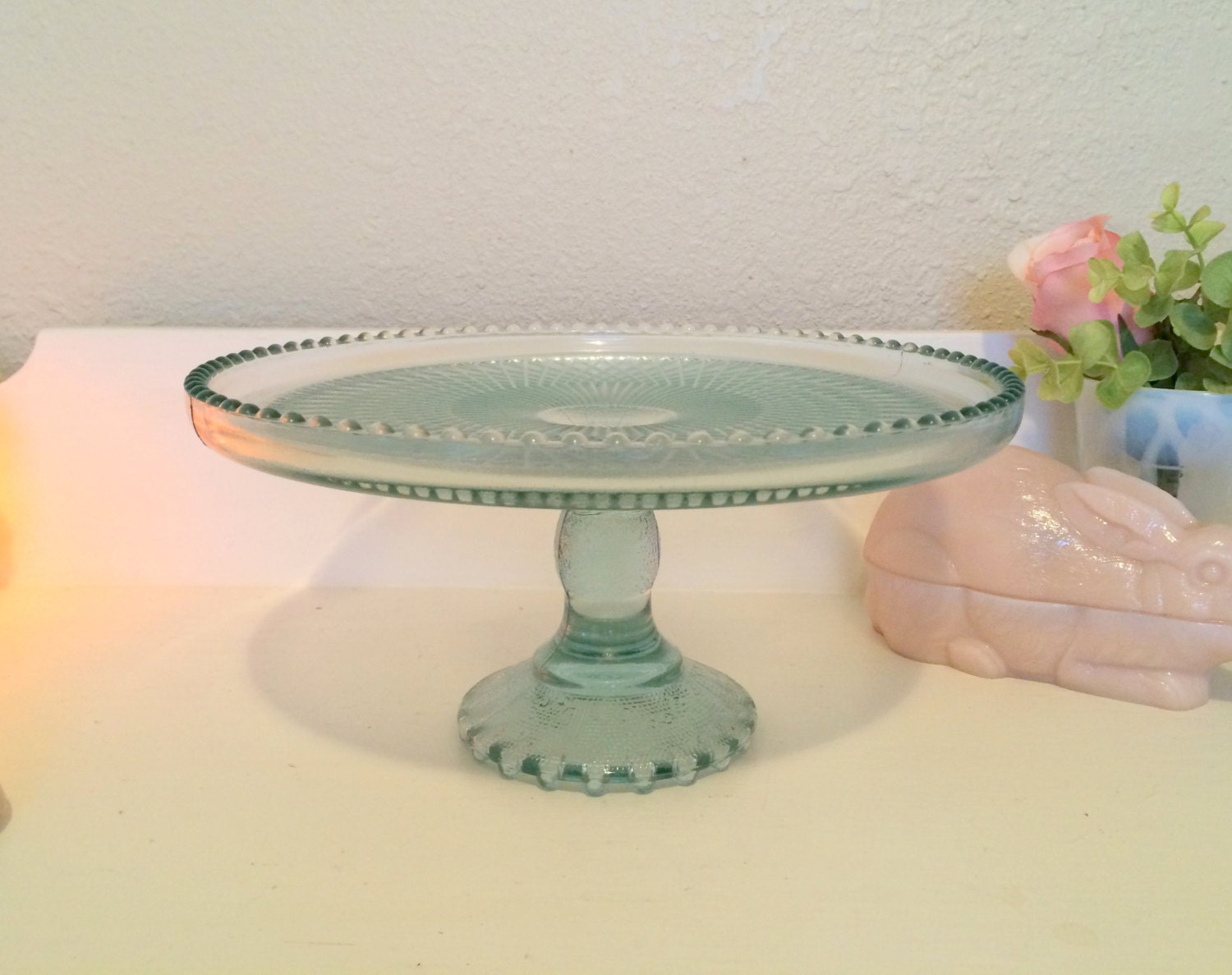 Aqua Blue Green Glass Cake Stand Vintage Pressed Glass Cake