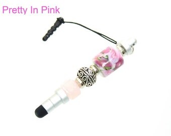 Floral Lampwork Stylus for Tablet, iPad, iPhone or Android with Rose Quartz