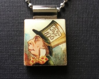 Mad Hatter Necklace, Mad Hatter Pendant, Alice in Wonderland jewelry, Scrabble tile jewelry, recycled scrabble tile, homemade jewelry,