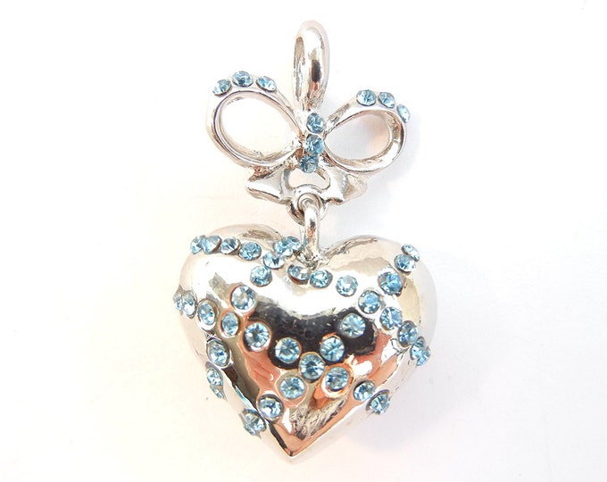Silver-tone Dimensional Heart with Blue Rhinestone Pendant