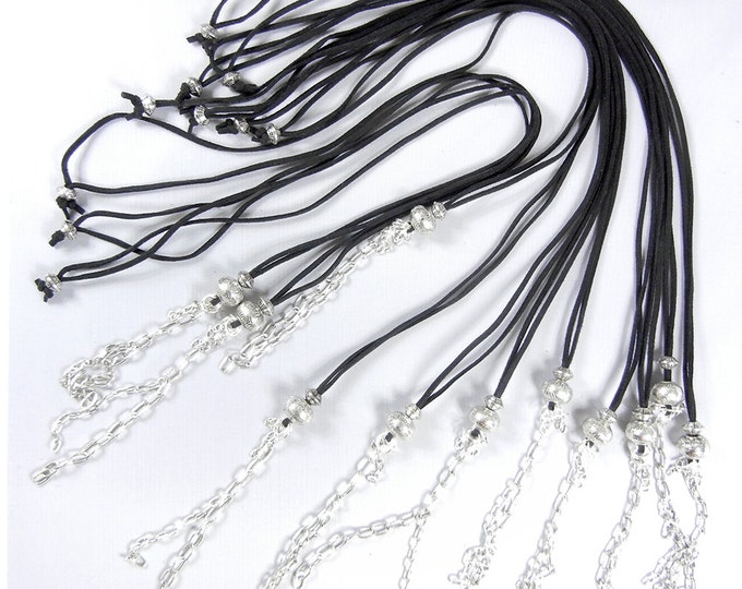 11 Long 34 inch Black Suede Cord with Silver-tone Beads and Chain