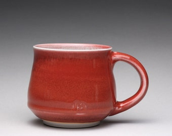 handmade porcelain mug, ceramic teacup, coffee cup with bright red and turquoise celadon glazes