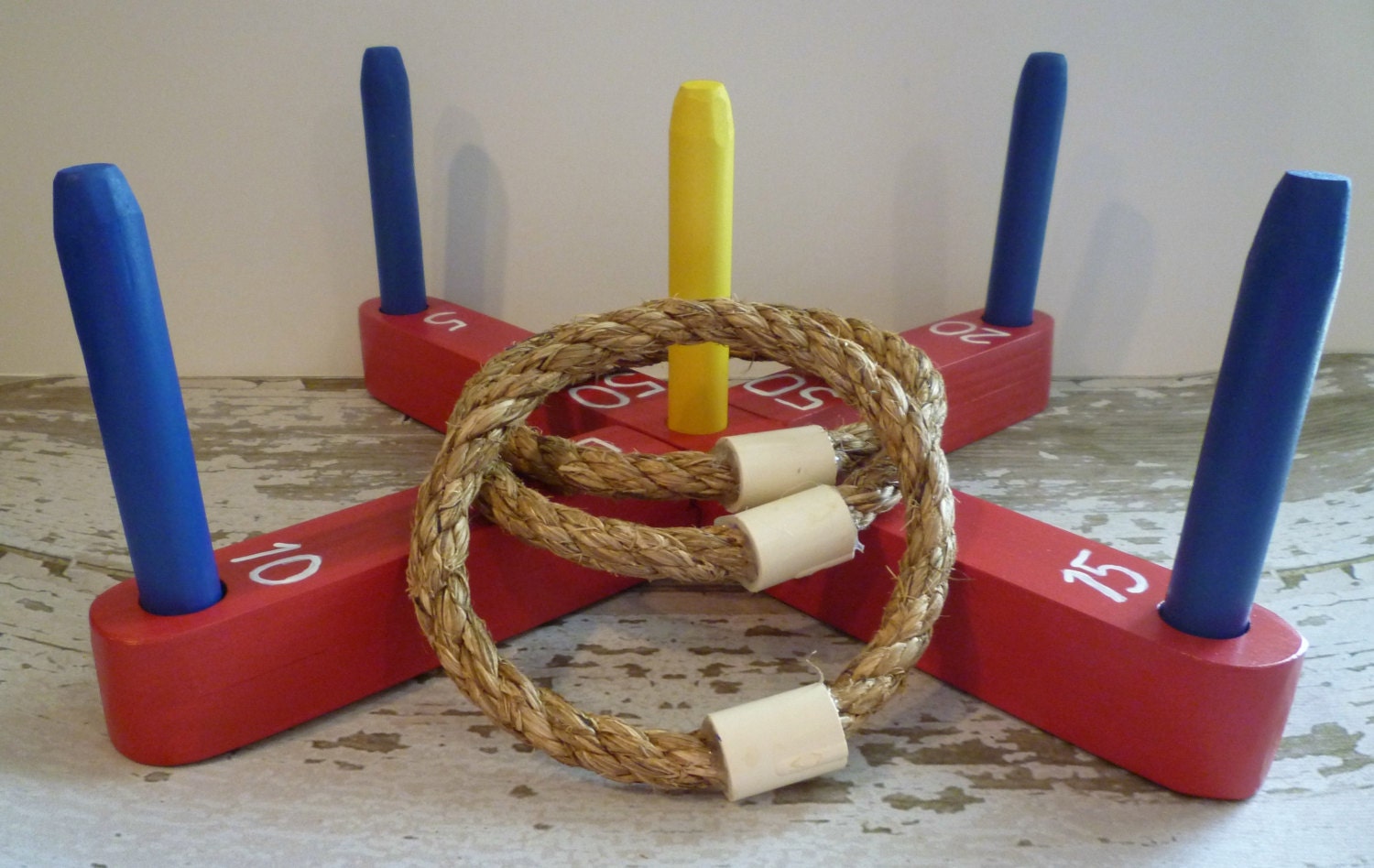 Toy Ring Toss Game with Red Wooden Base and 3 Manila Rope