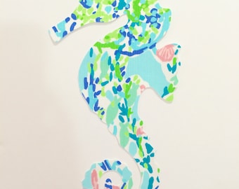 New custom made to order Seahorse Pillow made with Lilly Pulitzer Sky Blue Heaven fabric