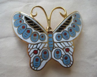 Butterfly Blue White Red Brooch Gold Enamel Vintage Pin Cloisonné Pendant