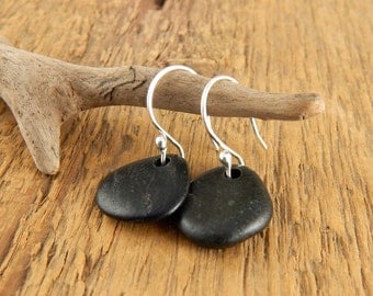 Beach stone earrings, black stone earrings, handmade sterling silver earwires, 1.25 inches long, ready to ship.